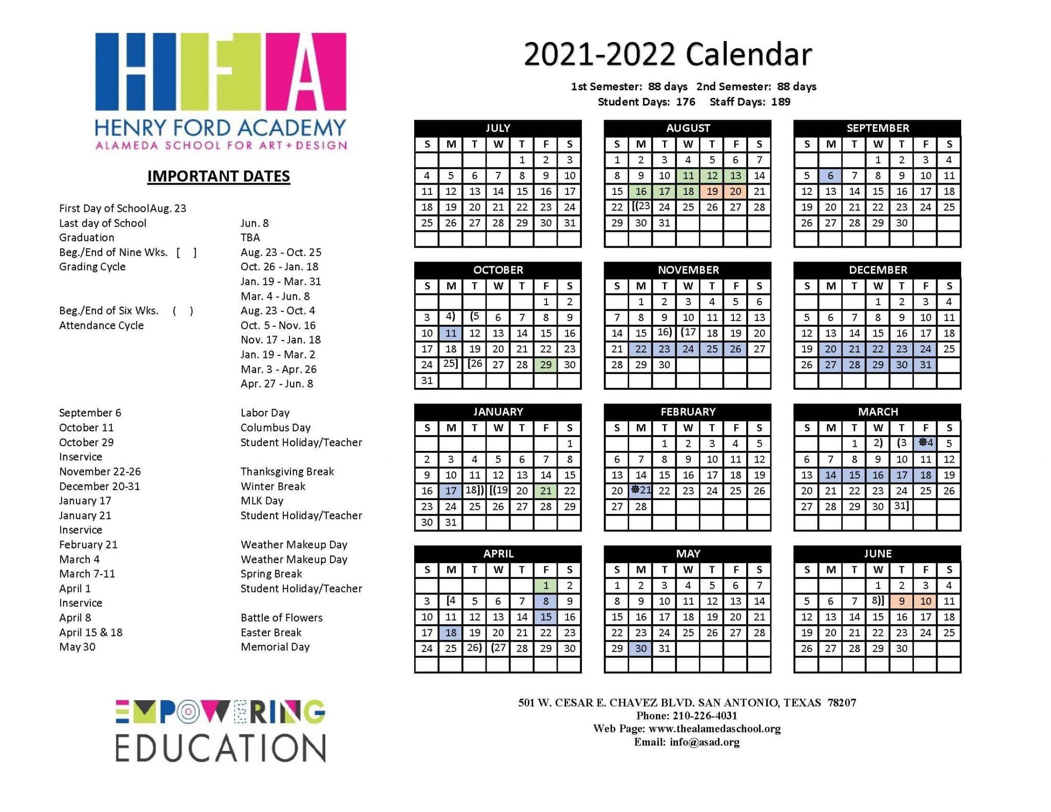Calendar HFA Alameda School